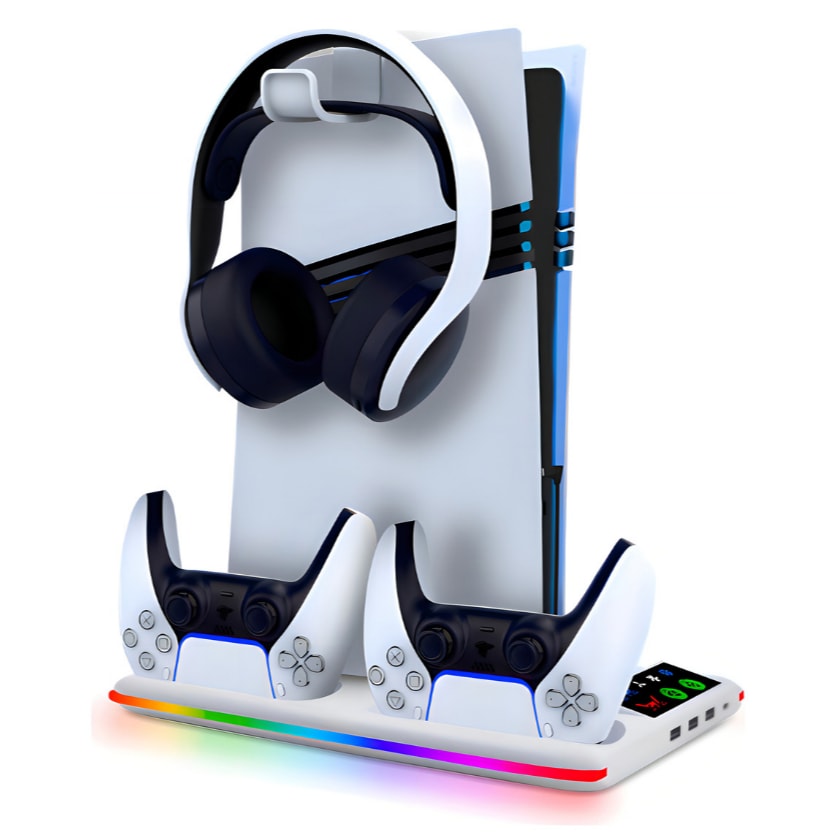 Imagem do Base Cooler Para Ps5 Pro Slim Fat Suporte Dock Controles Led Cor Branco
