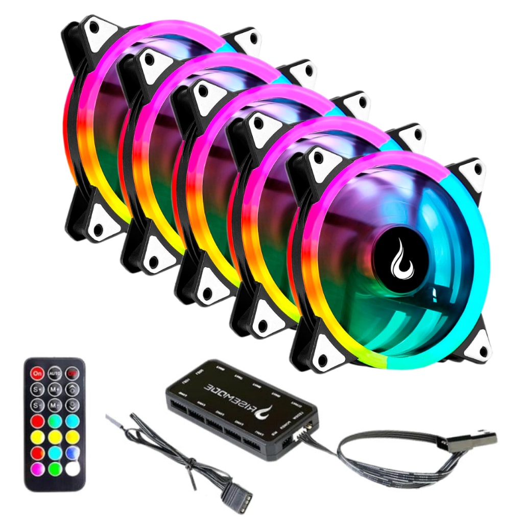 Imagem do Kit 5 Fans Cooler Ventoinhas Pc Gamer Rise Mode Energy Argb C Controladora Hub Preto