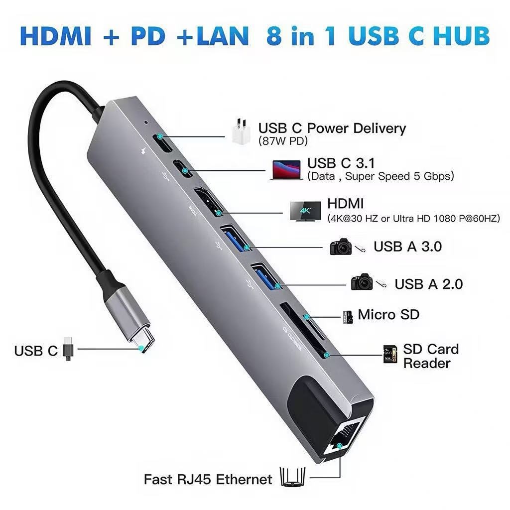 Imagem do Adaptador Hub Tipo C 7 Em 1 8 Em 1 Hdmi Micro Sd Tf M1 4k Usb 3 0 Para Computador Todo Tipo