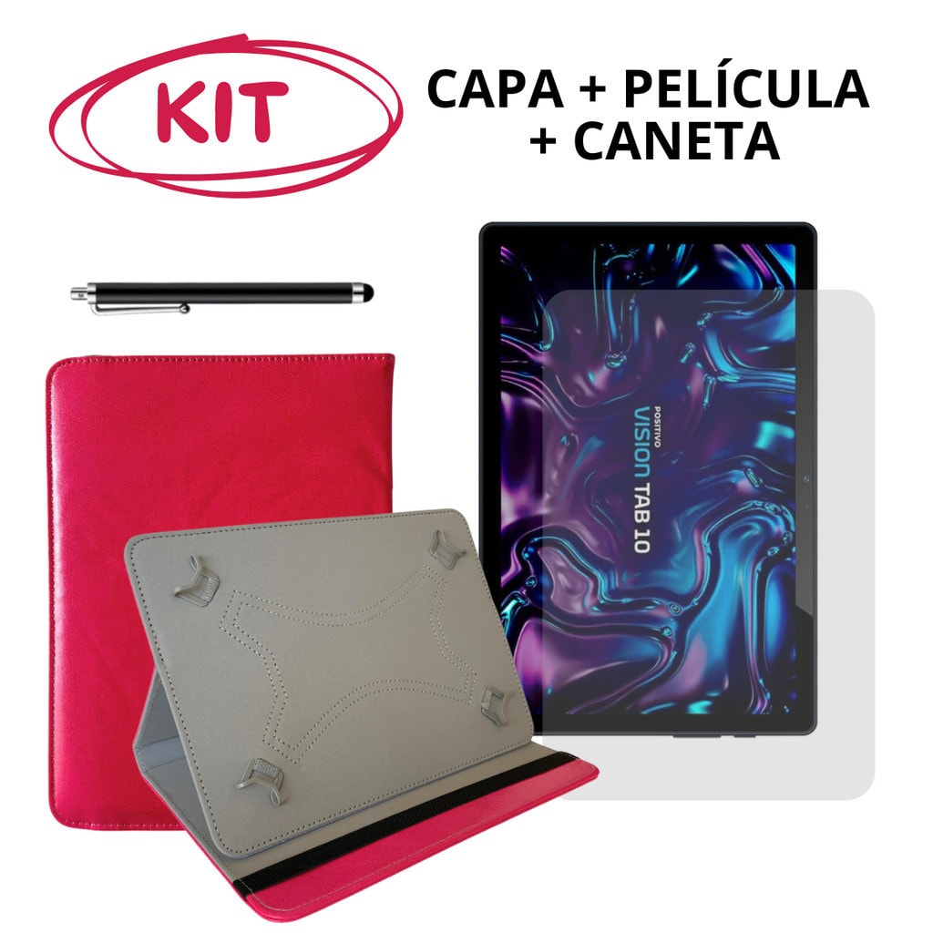 Imagem do Kit Capa Rosa Pelicula Hidrogel Caneta Para Positivo Vision Tab 10